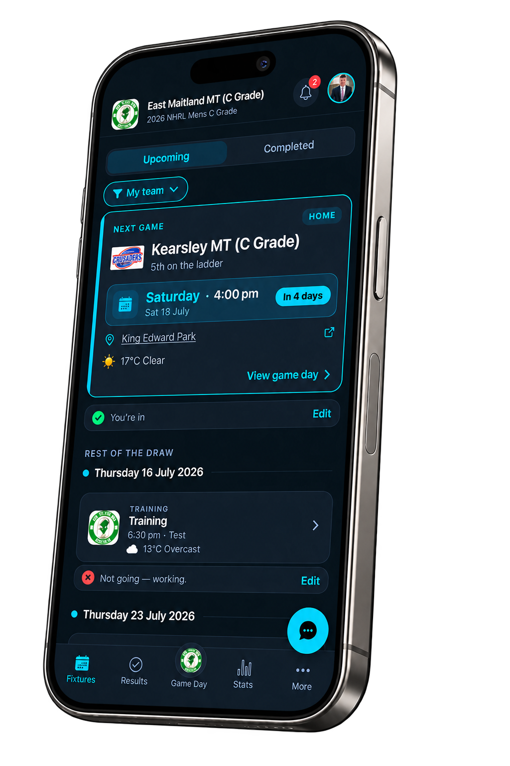 Club Mates HQ on iPhone — fixtures, game day and team management in one app.